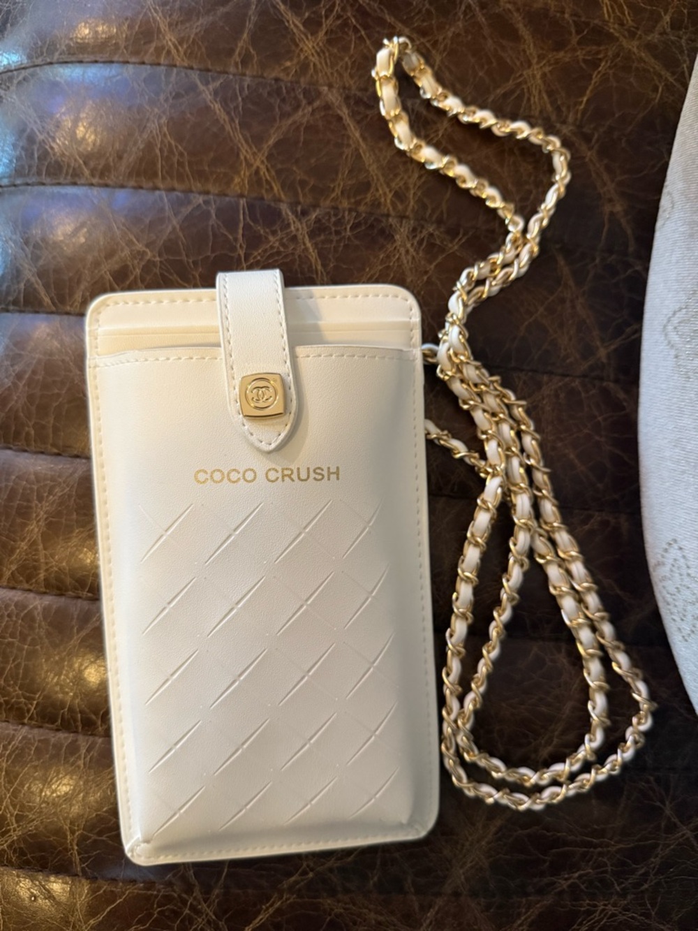 White Quilted Phone Crossbody with Gold Chain - Picture 2 of 8